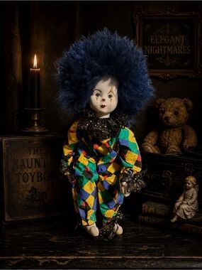 Vintage Harlequin Clown soft face/body Doll - Blue Hair Multicolor Costume